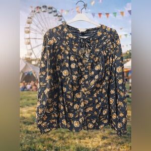 Black Floral Peasant Blouse Size Large